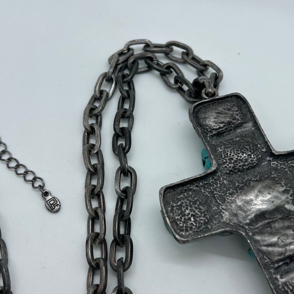 Turquoise Color Stone Cross Pendant Silver Tone Necklace Southwestern Boho - Picture 16 of 16